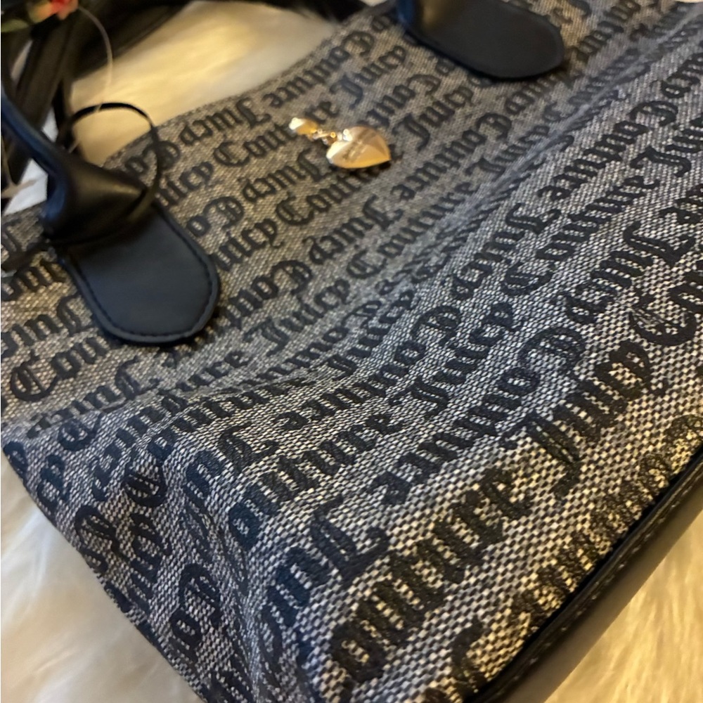 Juicy Couture Black and Gray Script Tote with Gold Heart Charm